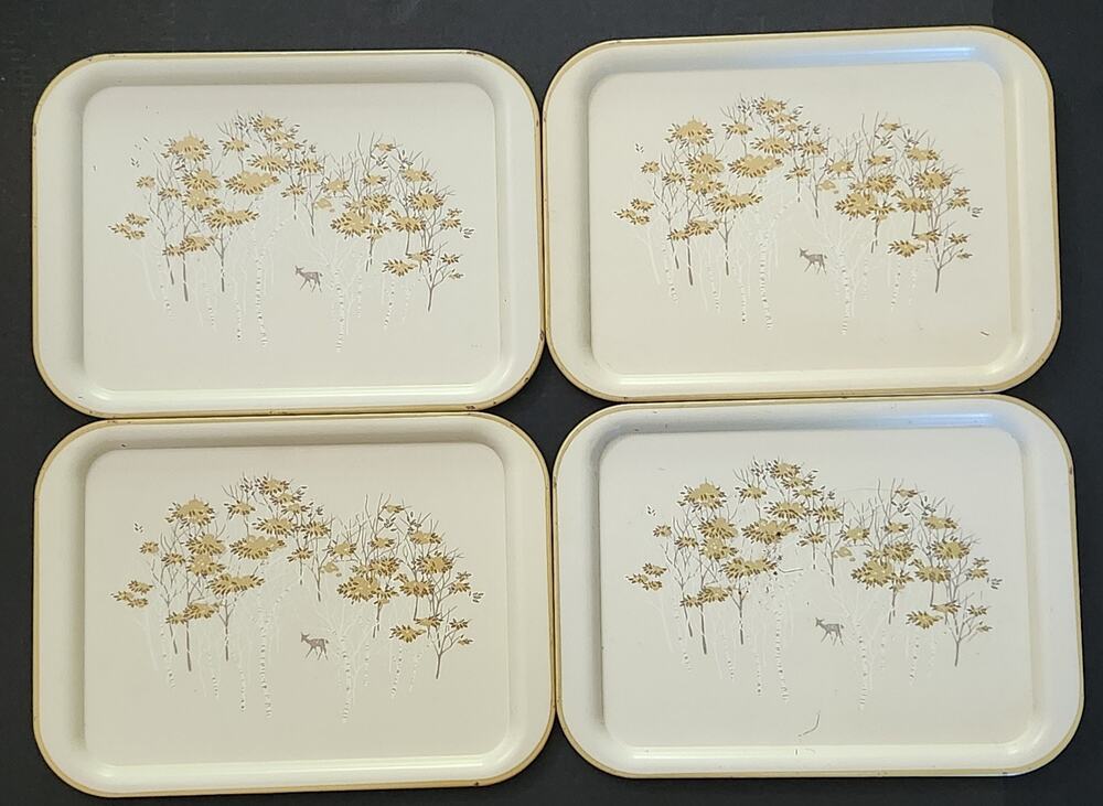 Vintage MCM Metal TV Serving Trays Set of 4 - Gold Aspen Trees & Fawn